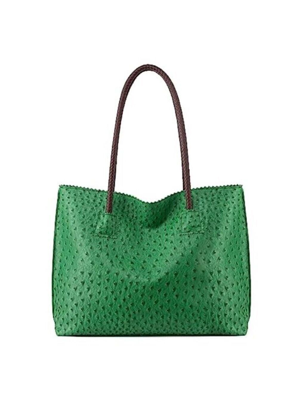 Green Tote Bag for Women with Zipper Large Ostrich Vegan Leather Shoulder Bag